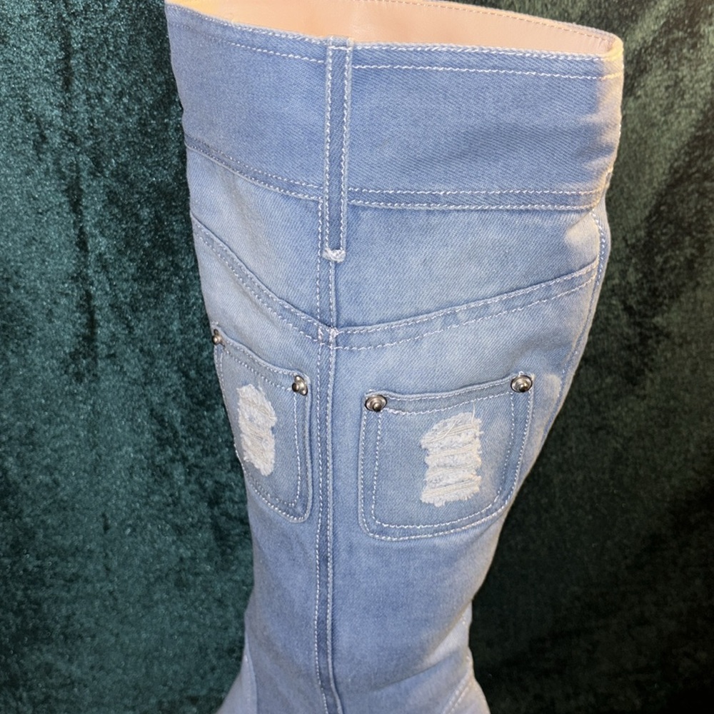 Vivianly Pointy Toe Denim Knee Boots w Chunky Heel Cowgirl Boot, Blue, 10, NWT - Picture 3 of 16